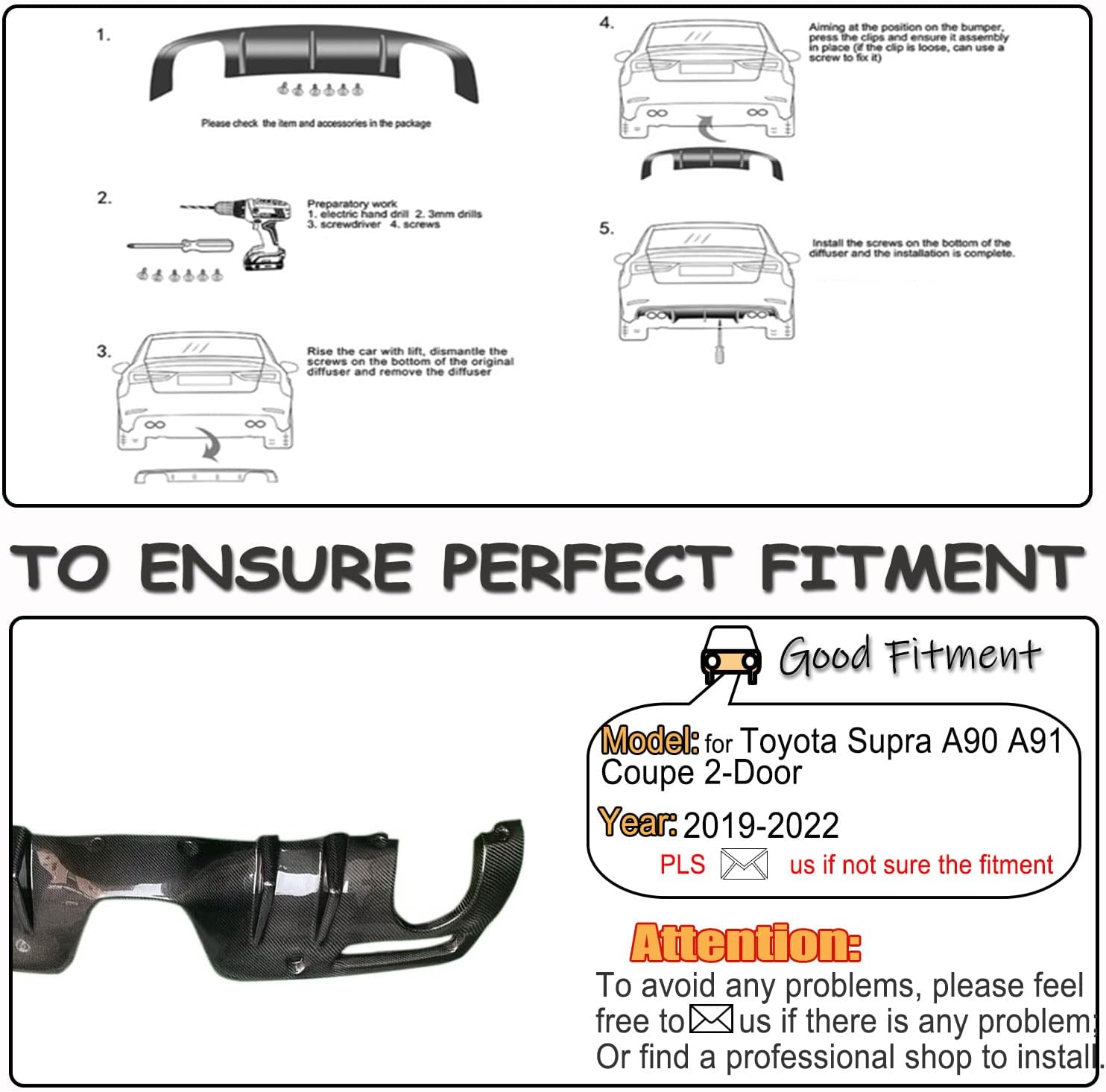 Carbon Fiber Rear Bumper Diffuser for Toyota Supra A90 A91 2019-2022 Coupe 2-Door Lower Bumper Lip Spoiler Valance Protector Factory Outlet
