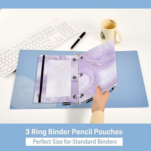 Miniatura 5 de Coikll Estuche para lápices ondulado de mármol morado se adapta a carpetas estándar de 3 anillas, bolsa de lápices con cremallera con ventana