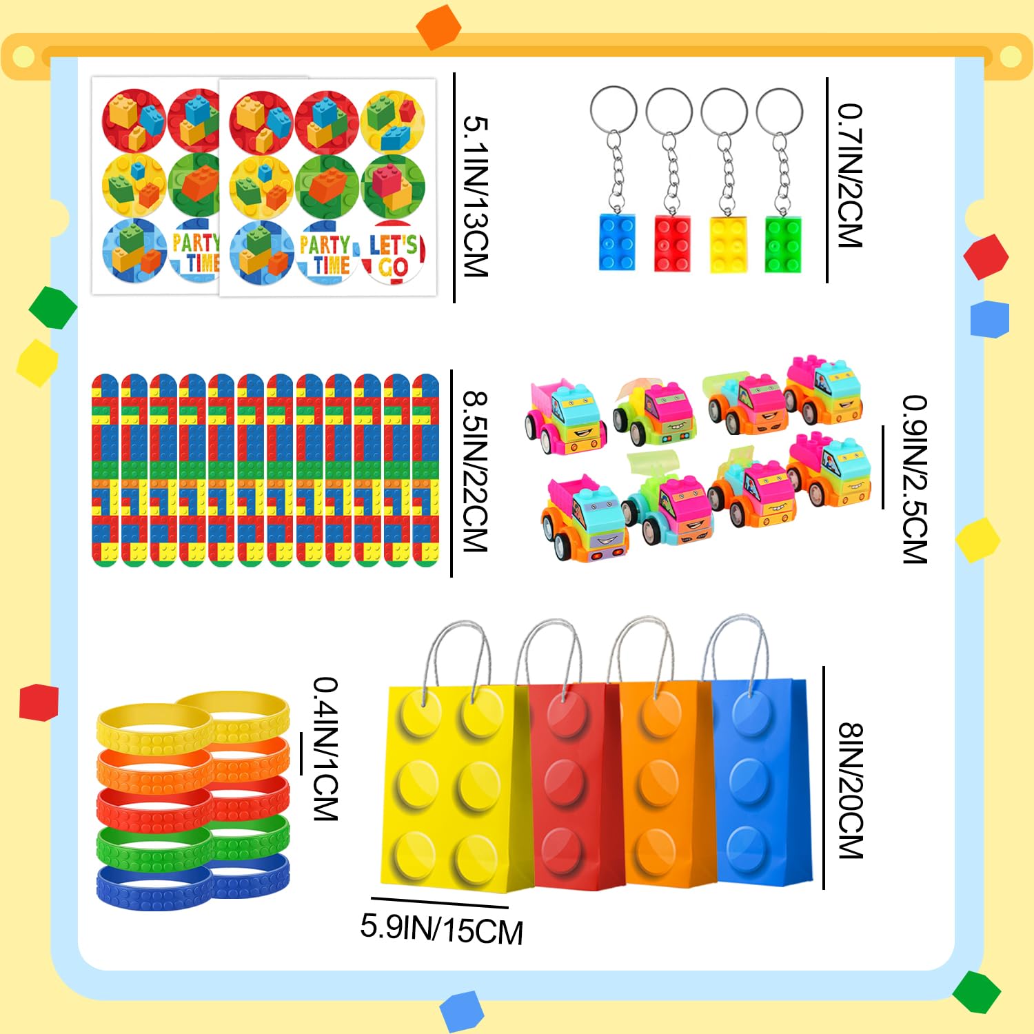 Building Block Decorazioni per Feste di Compleanno, 62pcs Blocchi di Costruzione Gadget Compleanno Set - Portachiavi Mattoncini Sacchetto Adesivi etc Decorazioni Compleanno Blocchi Bomboniere