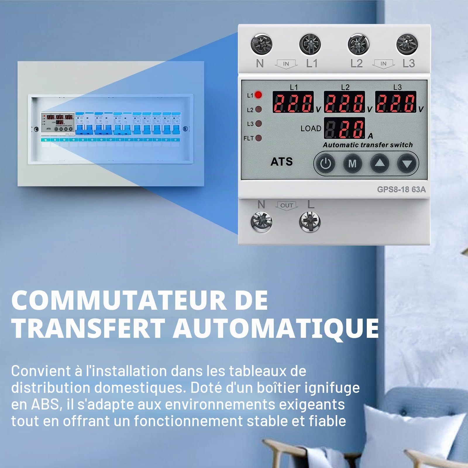 Commutateur de Transfert Automatique Triphasé 63A AC220V Inverseur de Source Automatique Affichage Numérique LED Avec Protection Contre Surtensions Sous-Tensions Surintensités(Commutation 3 voies)