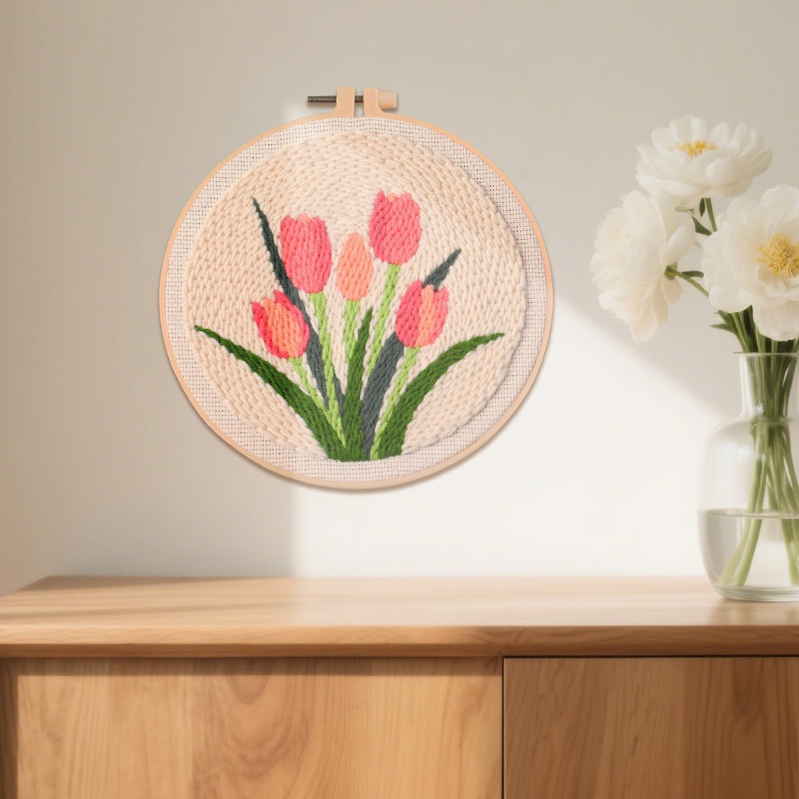 Penitue Kit Punch Needle, Modello Girasole e Tulipano Fai da Te Ricamo Floreale, Set Iniziale per Adulti Principianti Bambini con Tessuto Stampato Filati Aghi da Cucito Telaio Ricamo Infila-Fila