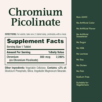 Nature's Bounty Chromium Picolinate, Supports Fat, Protein & Sugar Metabolism, Mineral Supplement, 800 mcg, 50 Tablets