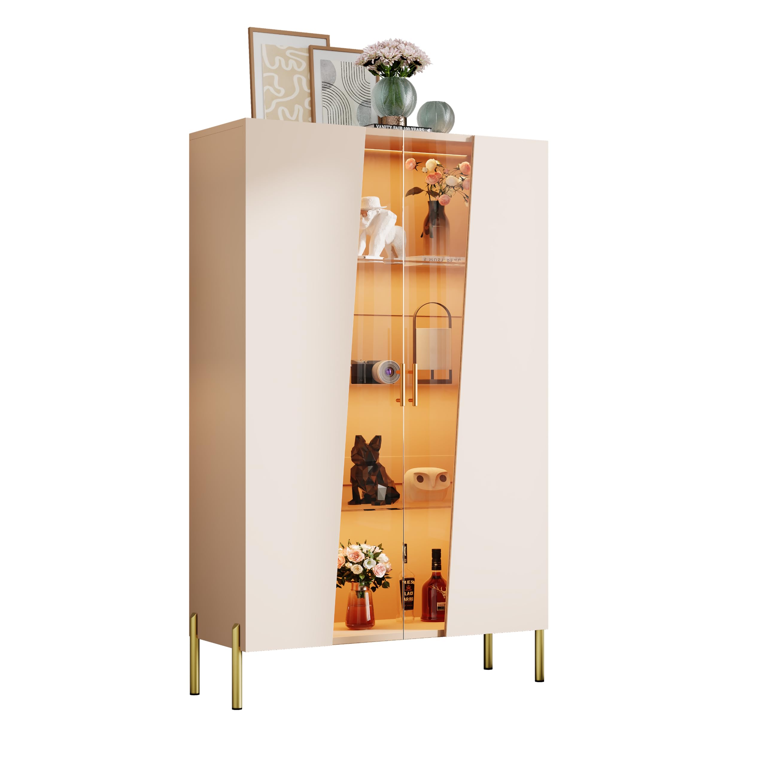 Armadio in vetro con anta asimmetrica in vetro temprato, 3 ripiani in vetro, maniglia in metallo e piedini in metallo, come vetrina per sala da pranzo, libreria, colore: beige