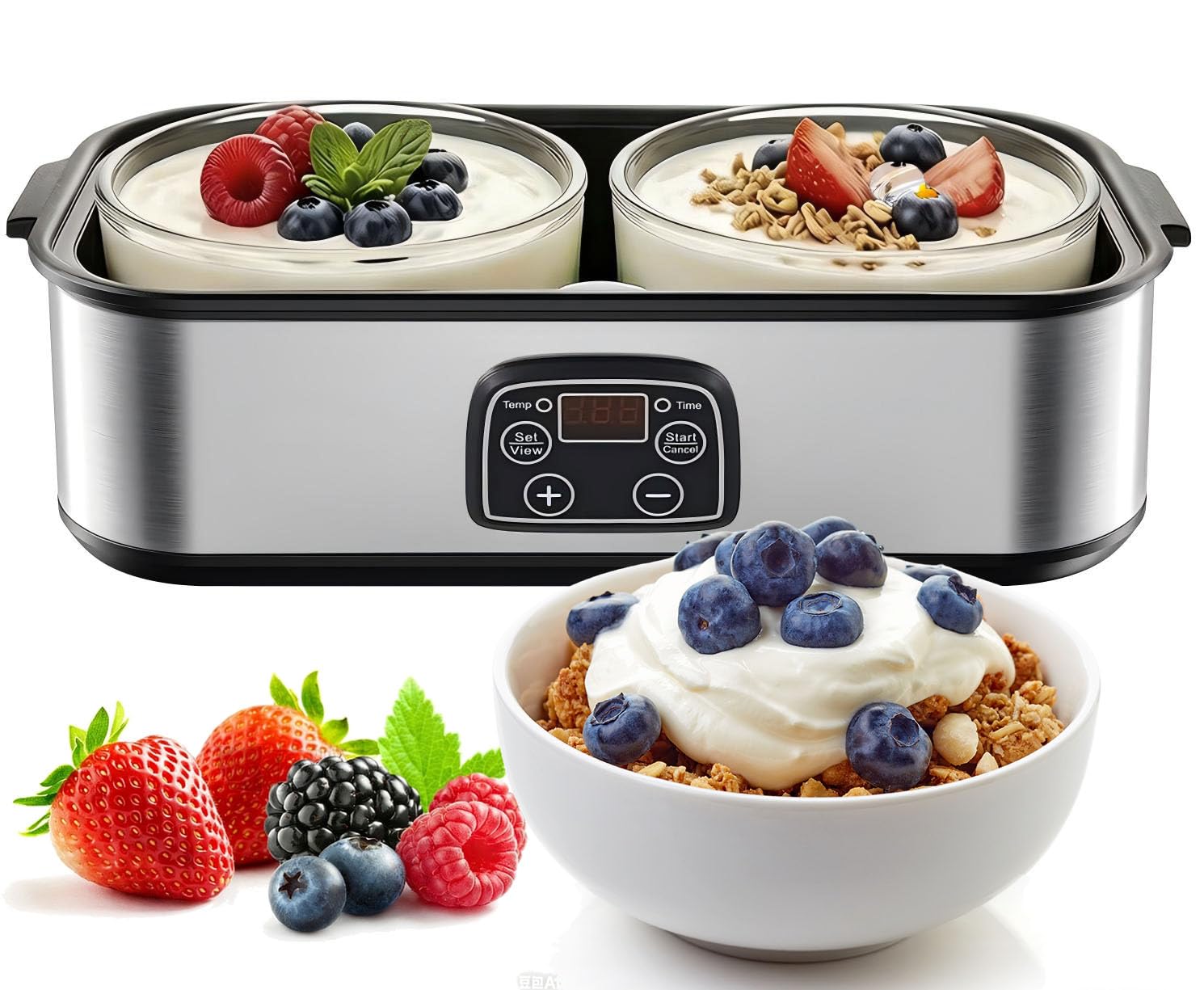 Joghurtbereiter, 2000 ml Joghurtmaschine mit 2 Gläsern, Joghurt Maker mit Temperaturregelung und Timer, LCD-Display, Yogurt Maker Elektrisch für Griechischer Joghurt, Käse, Natto