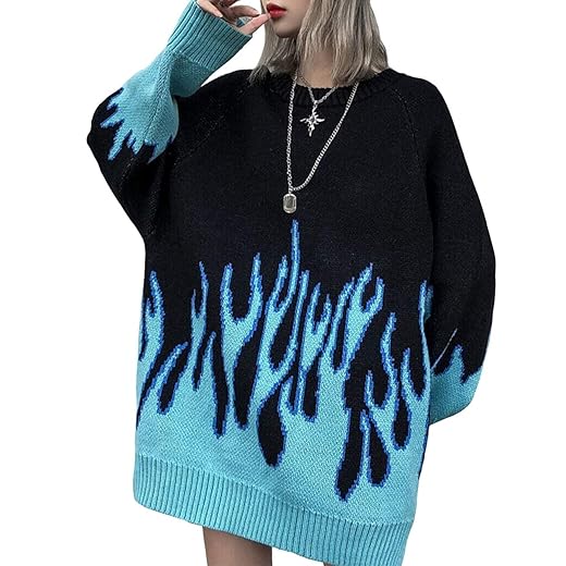 Vamtac Women's Long Sleeve Flame Oversized Sweater Color Block Loose Casual Knitted Jumper Pullover Tops