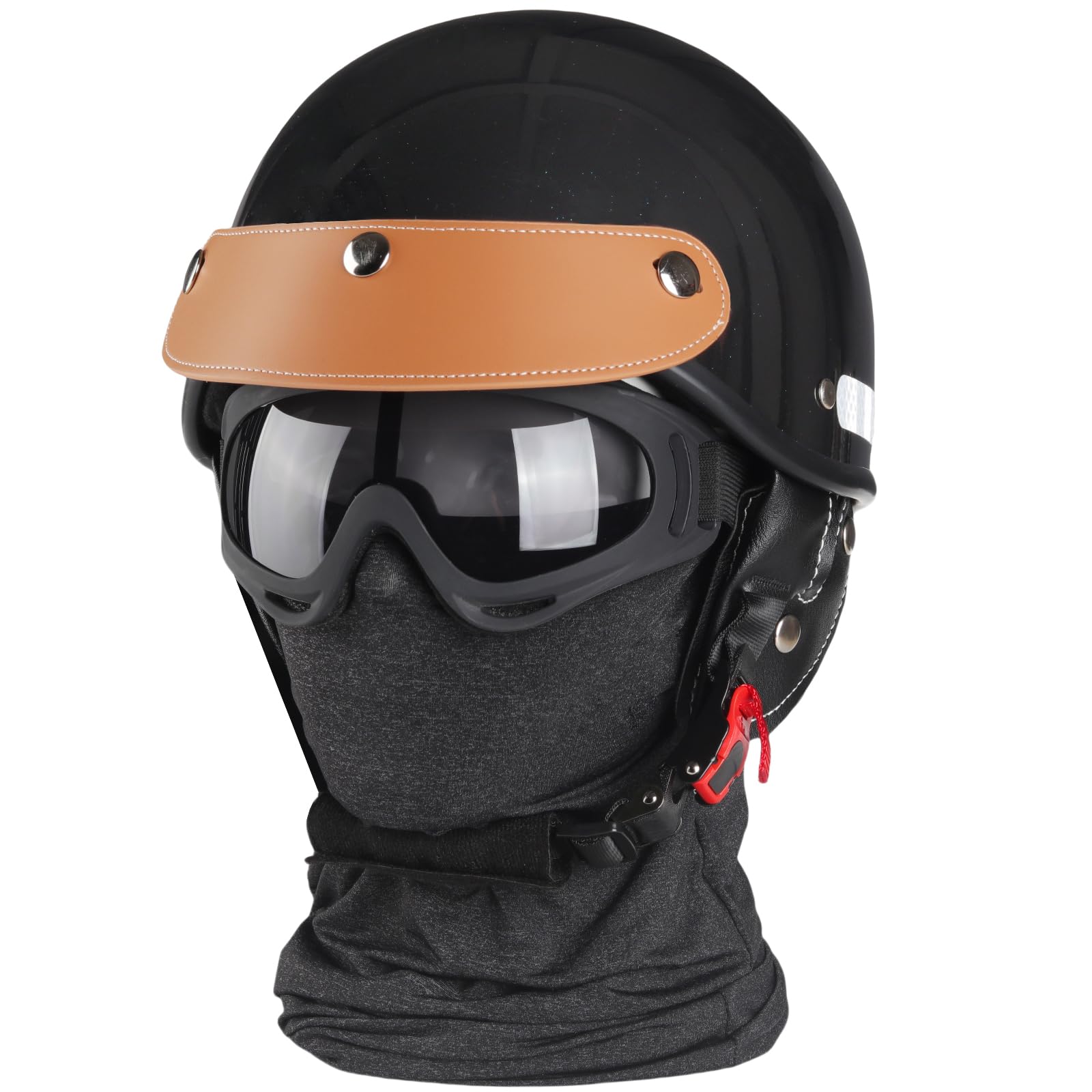 Motorcycle Half Helmet, Adjustable Helmet with Mask for Adults, Black Cruiser Scooter Dirt Bike UTV ATV Helmet