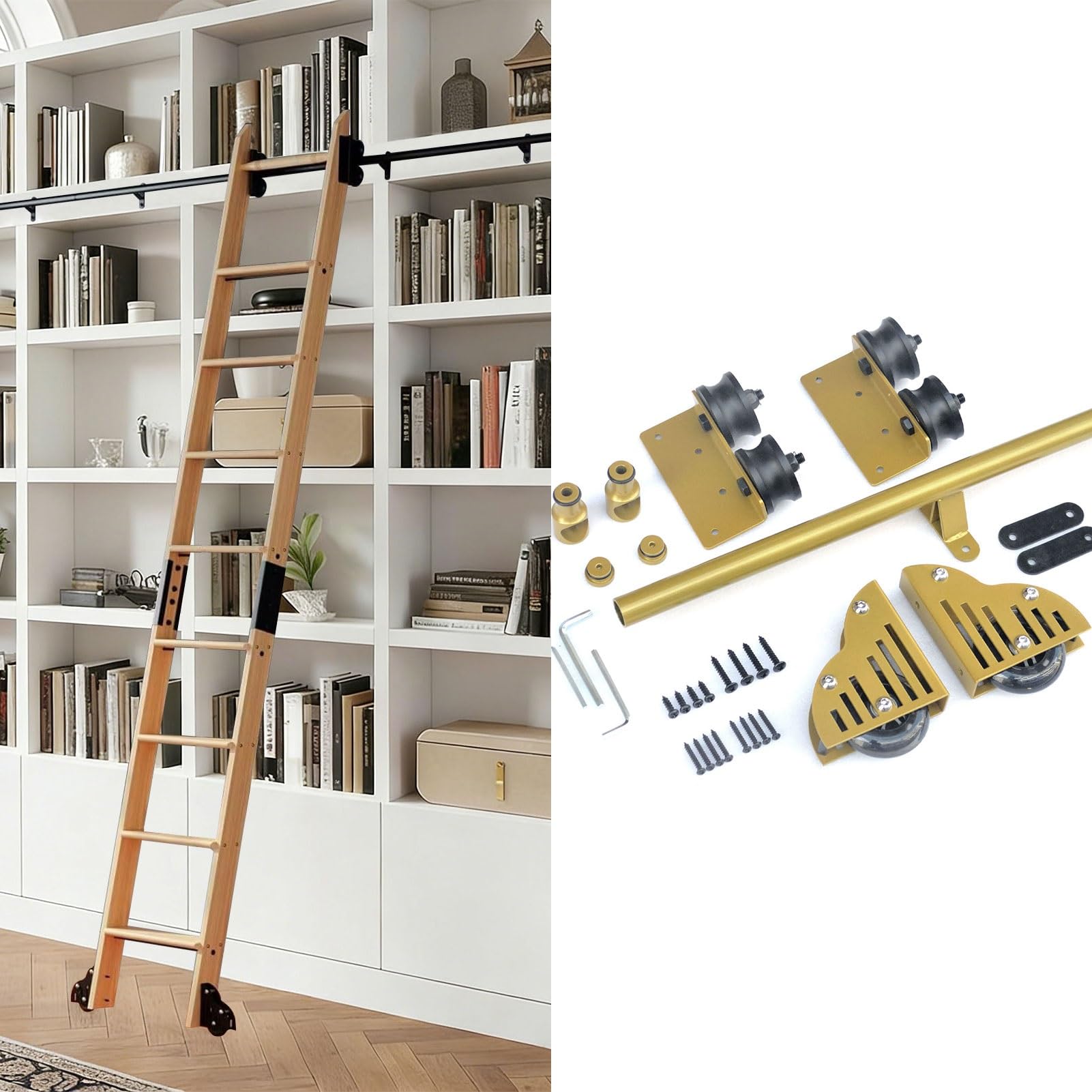 MRVAKDYDI Retractable Rolling Library Ladder Rails Kit, Gold Sliding Library Ladder Kit, 3.3-24ft Carbon Steel Round Tube Rolling Track Set(19.7ft/600cm Track kit)