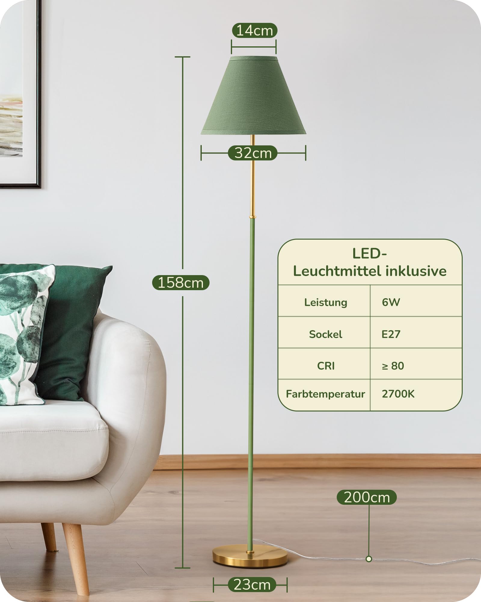 EDISHINE Stehlampe Wohnzimmer, Baumwoll-Leinenschirm, Retro, 2700K, Grün
