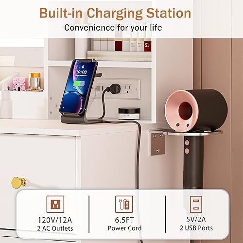 Miniatura 4 de Escritorio de maquillaje blanco con espejo y luces, mesa de tocador de maquillaje con espejo iluminado, 7 cajones de almacenamiento, tocador moderno