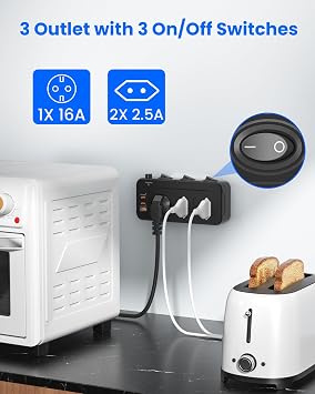 3-Way Multiple Socket Individually Switchable Double Plug for Socket with USB PD20W Charging Socket Adapter with Switch Multiple Plug 2 EU 1 Schuko Triple Socket Surge Protection Black