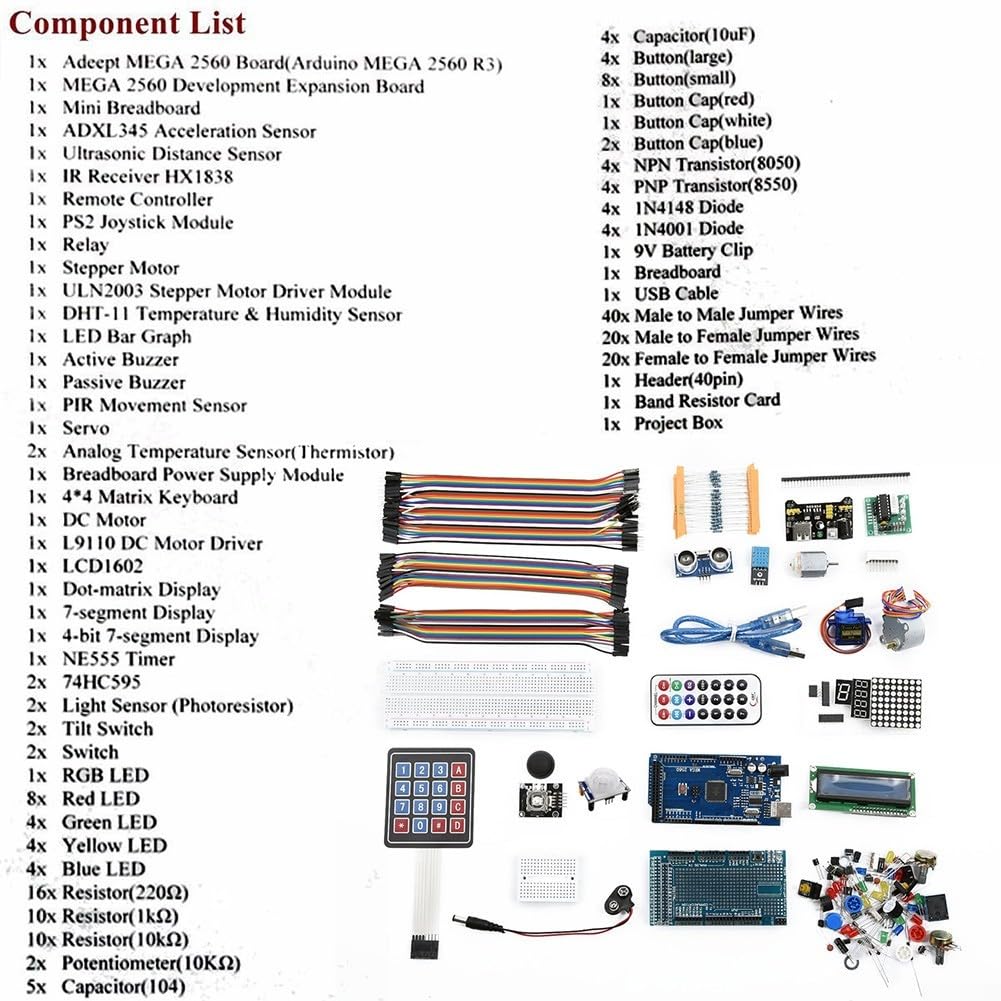 Kit de proyecto electrónico para Arduino para Mega2560 con sensores de motor paso a paso LCD1602, juego educativo STEM para estudiantes, fabricantes, aficionados, más de 100 piezas