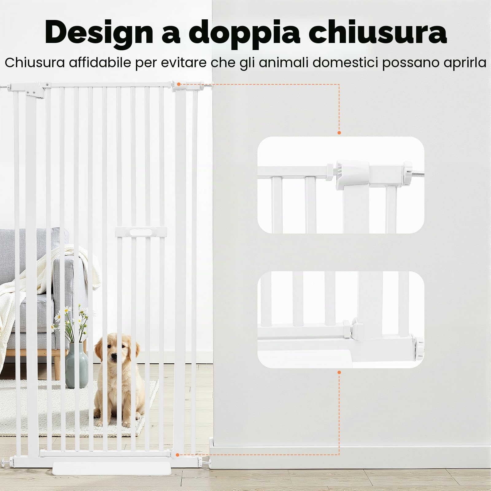 Griglia di protezione per porta, altezza 150 cm, senza foratura, griglia di sicurezza per cani e gattini, in metallo con chiusura automatica, per scale per bambini (bianco, 150 cm)