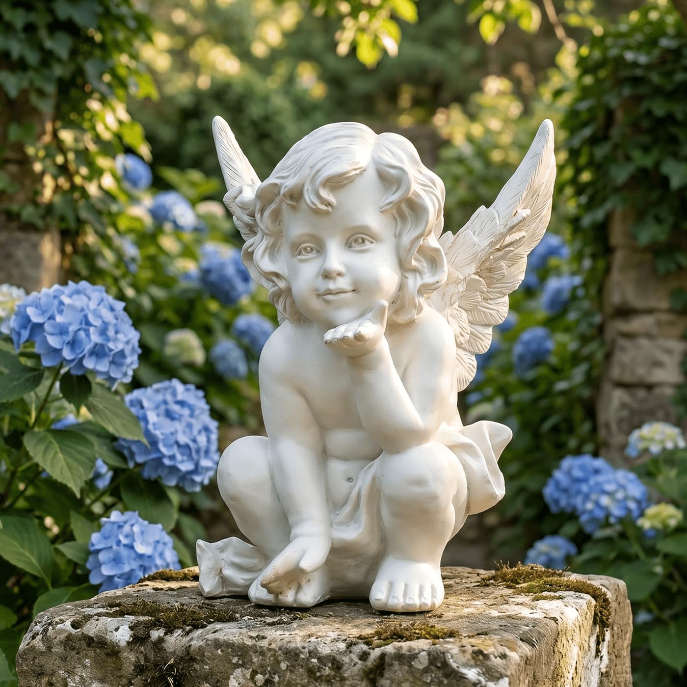 Moofar White Cherub Angel Statue Resin Blowing Kiss Sitting Angel Figurine For Memorial, Sympathy, Religious Gifts Home Decor
