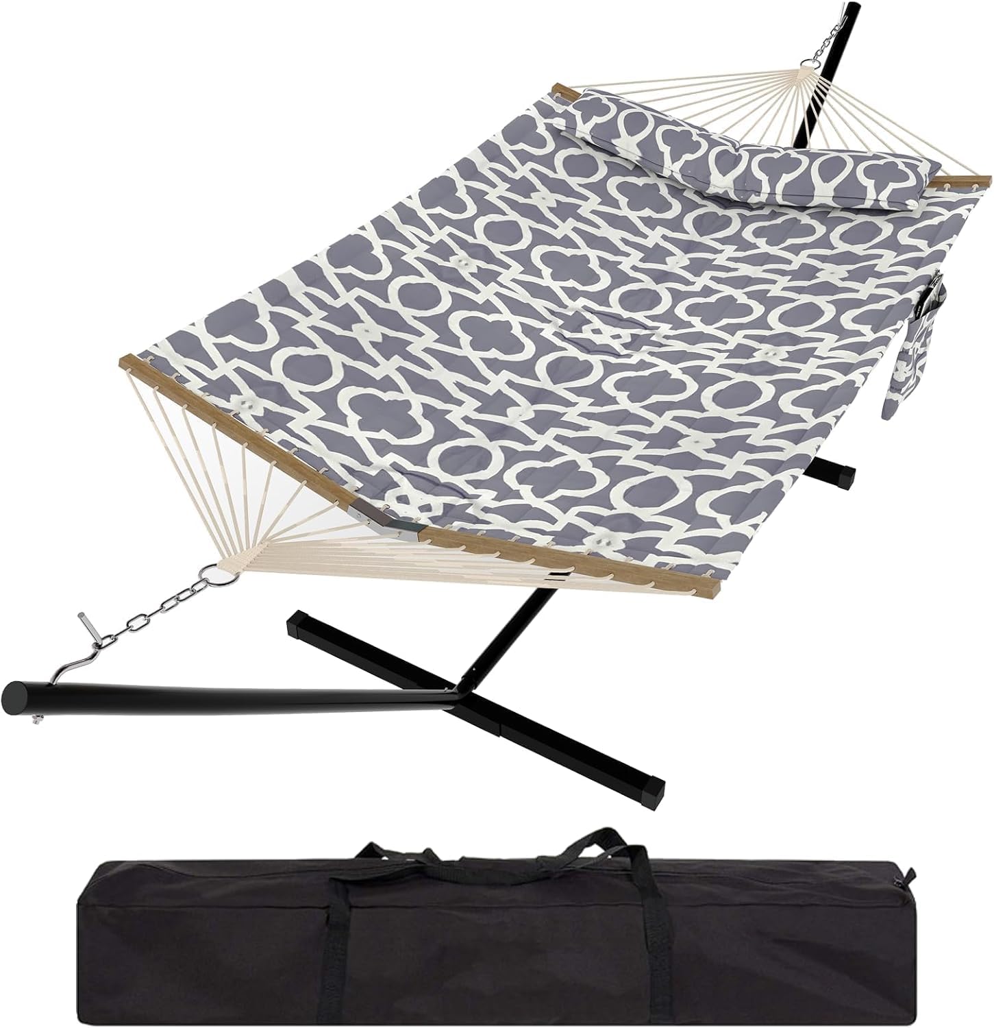 GarveeMore Double Hammock with Steel Stand – 2 Person Quilted Weather-Resistant Polyester, 450LB Capacity, Hardwood Spreader Bar, Pillow & Carry Bag – Ideal for Patio, Backyard, Garden, Indoor/Outdoor