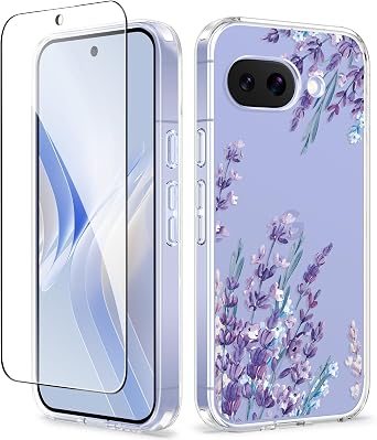 GVIEWIN for Google Pixel 9a Case, [Screen Protector] [Military Grade Protection] Clear Floral Slim Shockproof Protective Women Phone Case Cover for Pixel 9a Light Lavender