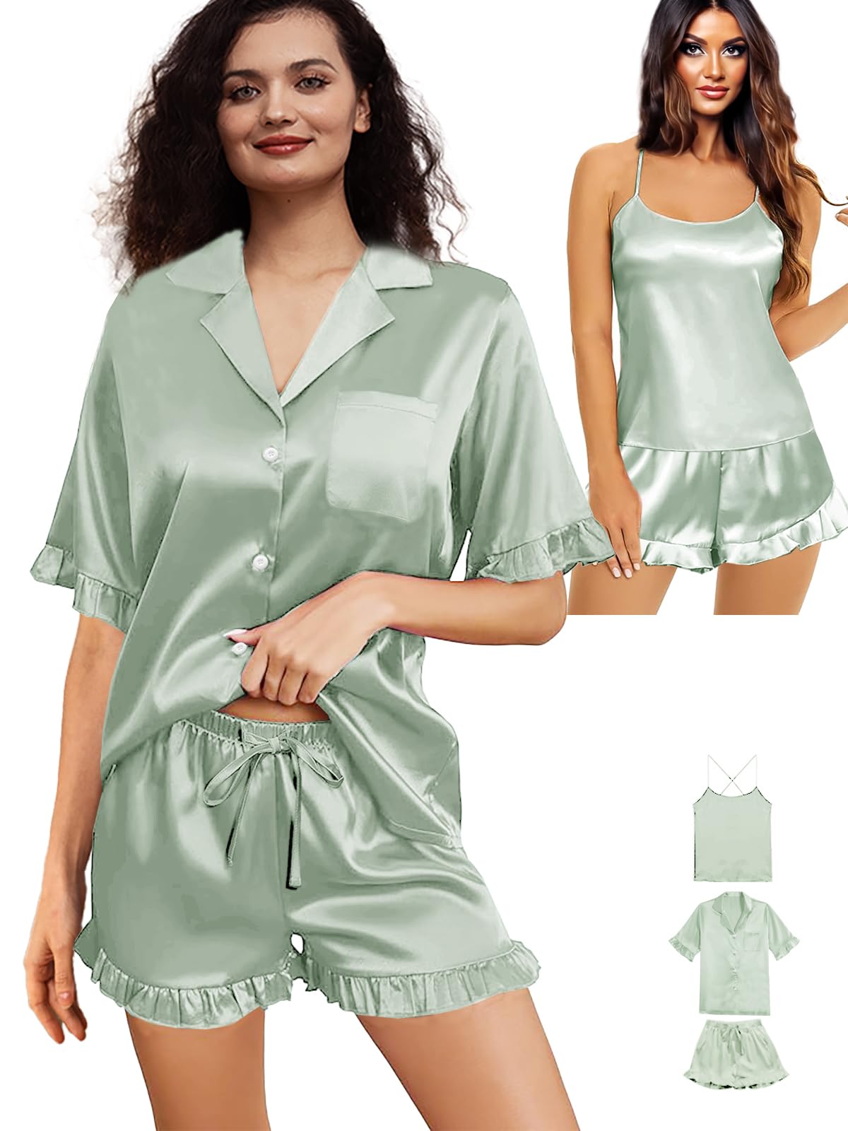 WJing Yi Jia 3Pcs Womens Ruffle Satin Pajama Sets XS-4XL Silk Pajamas Set Sexy Cami Tops Silky Pj Sets Sleepwear Nightwear