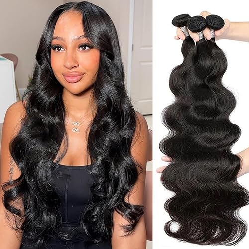 Miniatura 6 de Younsolo Paquetes de cabello humano lacio, 3 manojos de 22, 24, 26 pulgadas, cabello virgen brasileño 100% sin procesar natural negro