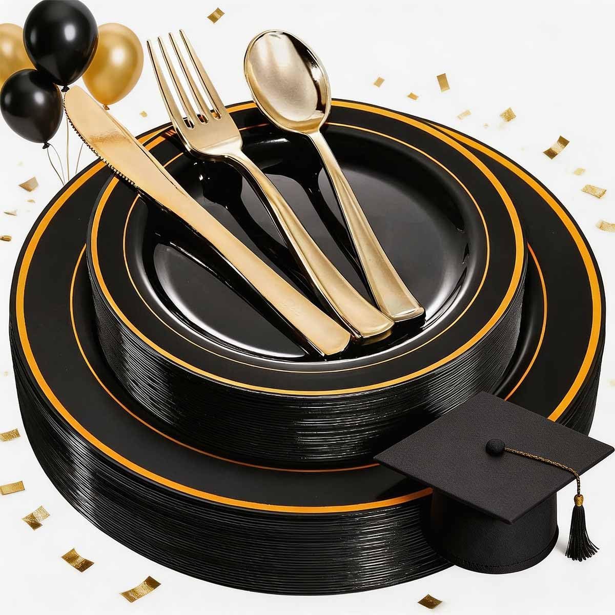 WDF 125Pieces Black Plates Disposable with Gold Rim & Disposable Gold Plastic Silverware - 50 Graduation Plates - 25 Forks, 25 Knives, 25 Spoons for Graduation/Wedding/Party/Birthday