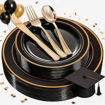 WDF 125Pieces Black Plates Disposable with Gold Rim & Disposable Gold Plastic Silverware - 50 Graduation Plates - 25 Forks, 25 Knives, 25 Spoons for Graduation/Wedding/Party/Birthday