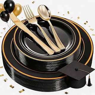 WDF 125Pieces Black Plates Disposable with Gold Rim & Disposable Gold Plastic Silverware - 50 Graduation Plates - 25 Forks, 25 Knives, 25 Spoons for Graduation/Wedding/Party/Birthday