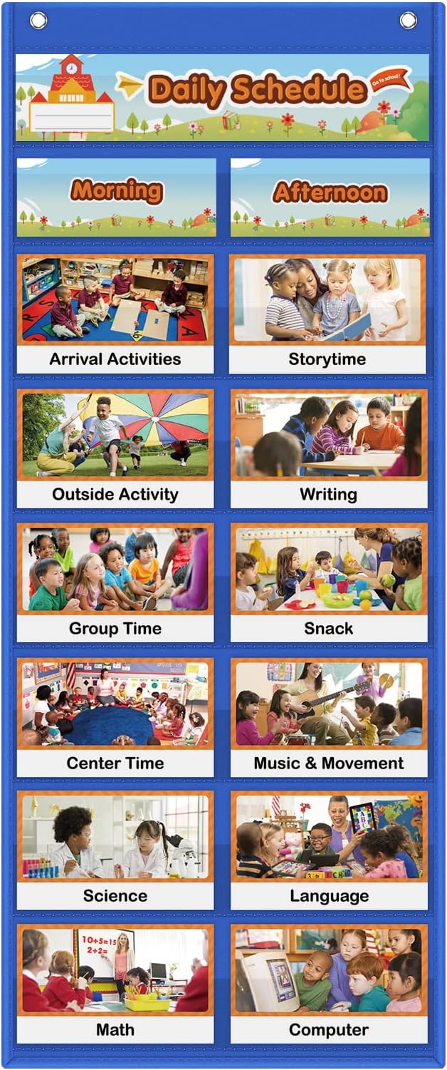 Daily Schedule Pocket Chart, Visual Schedule for Kids with 23 Activity Cards, 8+1 Pockets, 4 Blank Dry-Erase Cards Included, Great for Classroom Preschool-1 st Gr.(17’’ x 38.5’’ in)