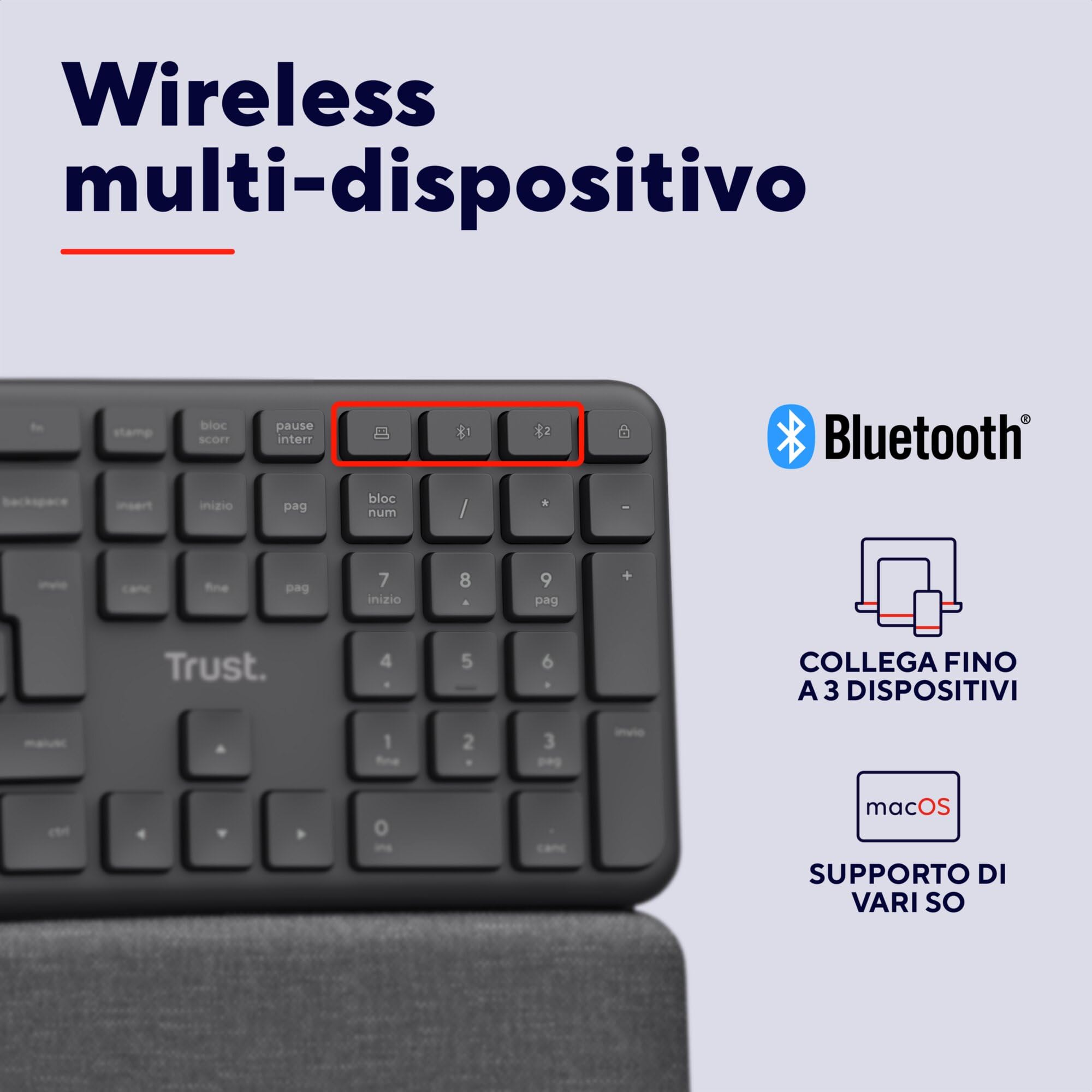Trust Arvia Tastiera Ergonomica Wireless Silenziosa Italiano QWERTY Bluetooth + 2.4GHz, Tastiera Bluetooth Multidispositivo con Poggiapolsi, Tasti Multimediali, PC Computer Laptop Mac, Nero