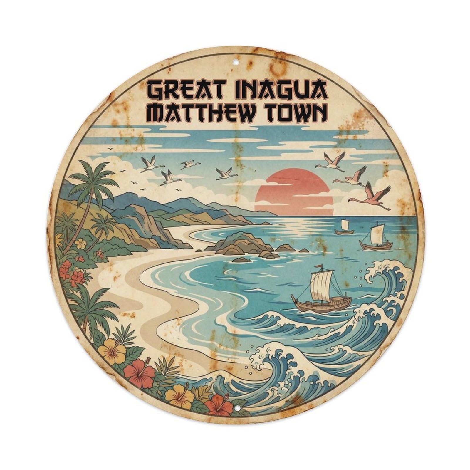 Grand Inagua Matthew Town Lagoon Coast Vintage Woodcut Metal Tin Sign