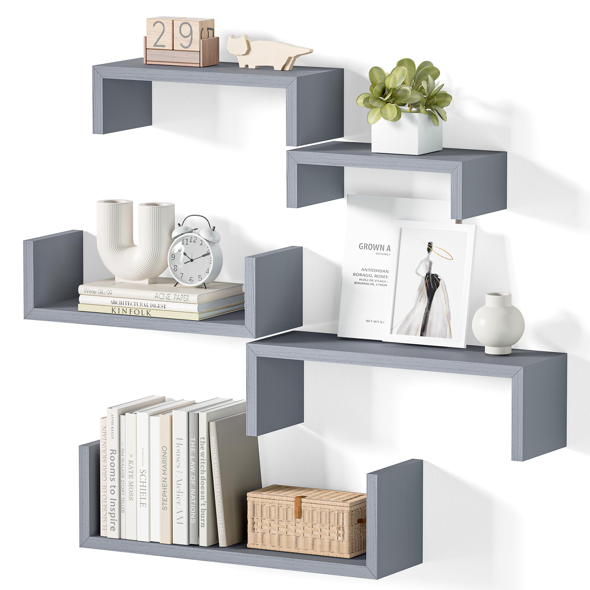 SRIWATANA Floating Shelves for Wall, Wall Shelves for Bathroom, Bedroom, Living Room, Kitchen, Office, Wood Shelves for Home Decor Set of 5 (Weathered Grey)