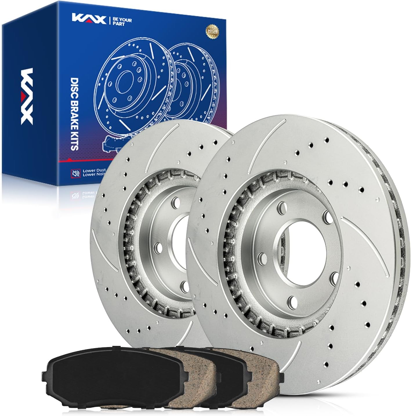 KAX Front Brake Kit, Drilled and Slotted Brake Rotors, Ceramic Brake Pads | Fits Edge 2007 2008 2009, MKX 2007 2009, Automotive Replacement Brake Kit 54155+D1258