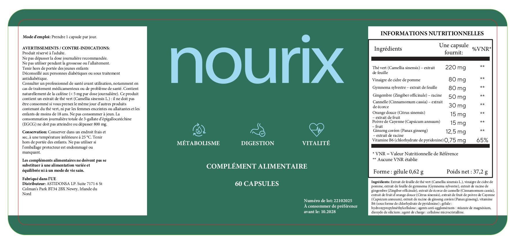 Nourix – Gélules Naturelles à base d’extraits d’algue, d’avocat et de thé vert – Formule végétale premium – 60 gélules. (1)