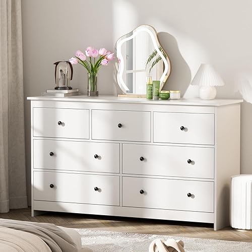 Miniatura 3 de Cómoda blanca de 55 pulgadas para dormitorio, cómoda grande de madera con 7 cajones profundos con asas negras, cómodas modernas y anchas de
