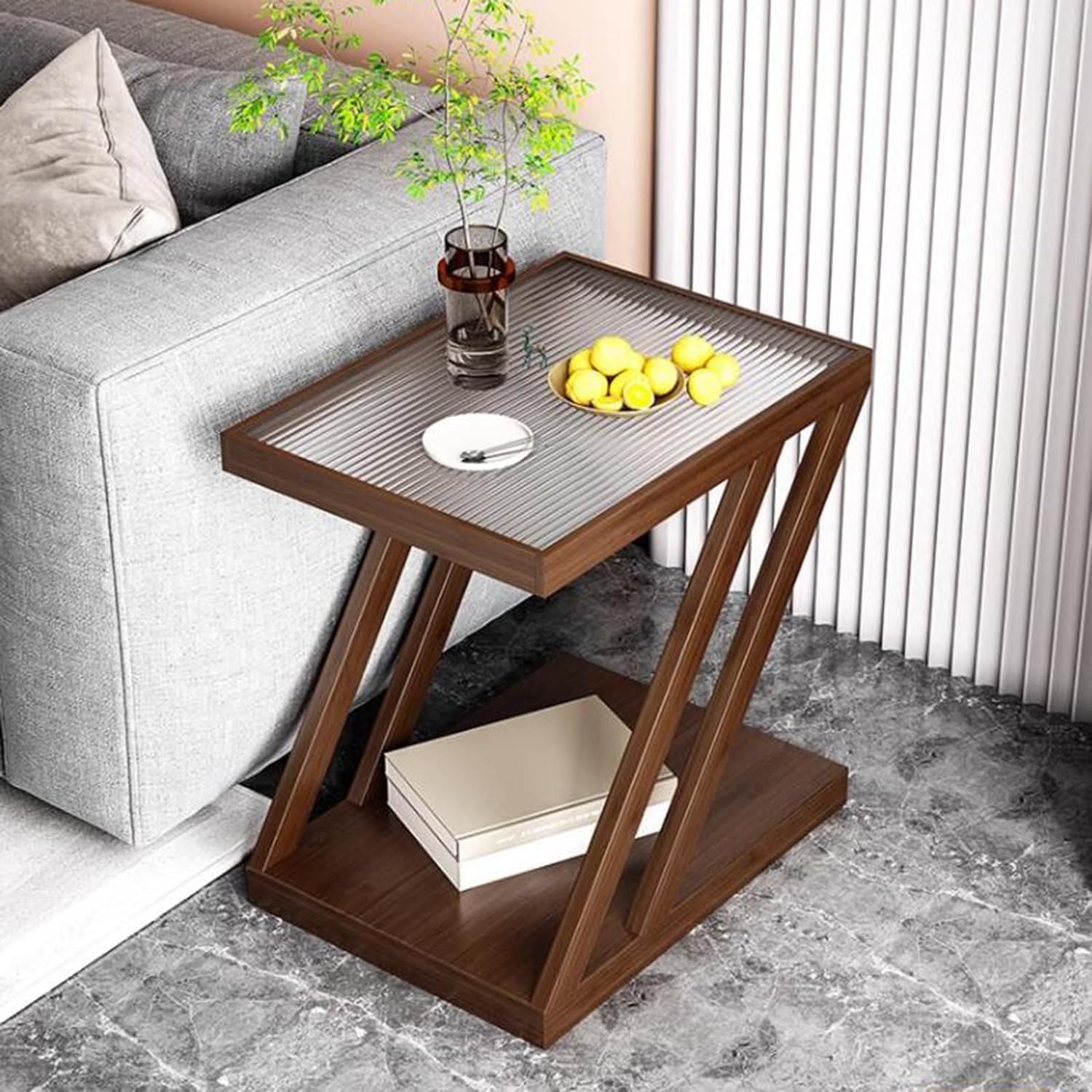 Aimery Office End Table 2 Tier Vintage Sofa Table, Z Shaped End Table with Glass Top, Stable Nightstand, Square Corner Table for Bookstore Lounge Office