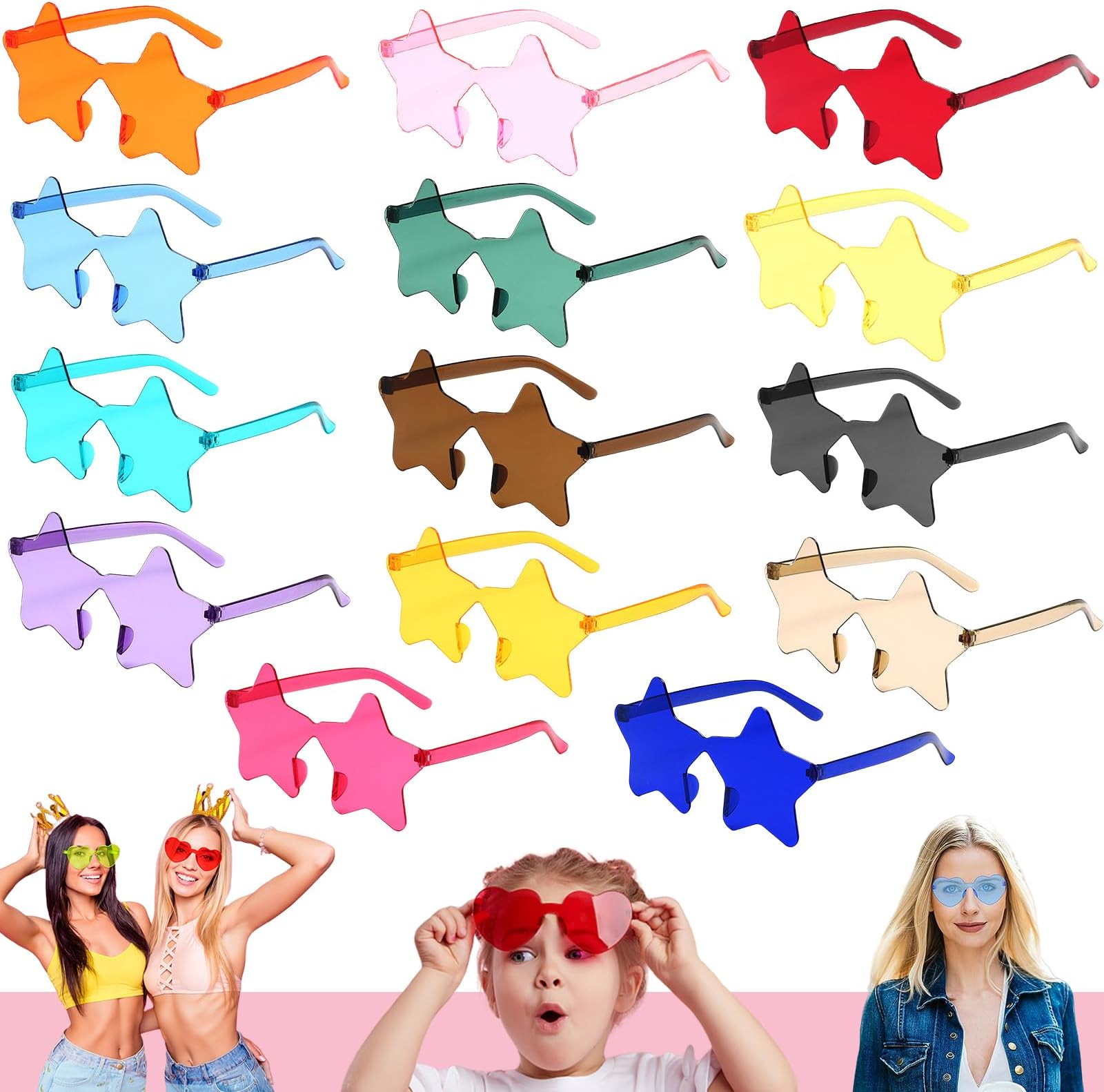 14 Pairs Party Glasses for Kids Adults,Rimless Sunglasses FramelessTransparent Candy Colour Glasses Tinted Eyewear Funky Glasses Bachelorette Party Favours Photo Booth Props