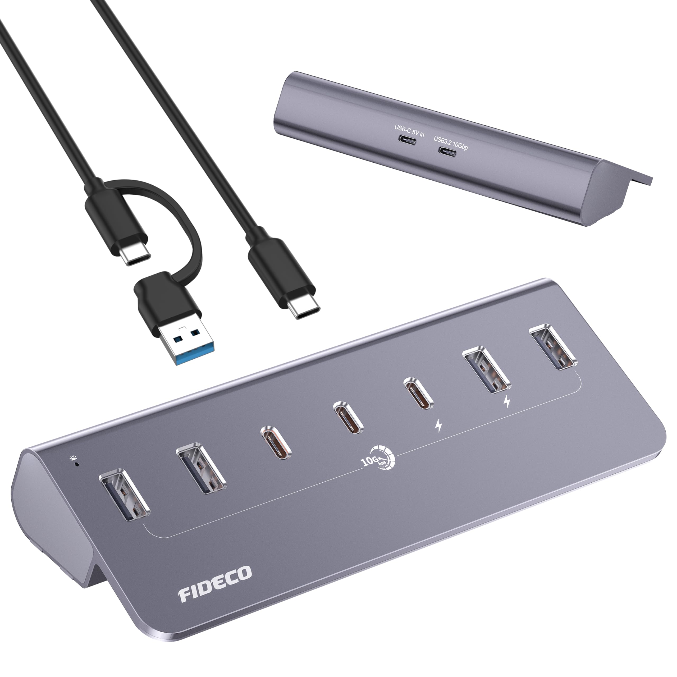 FIDECO Hub USB Alimentado, 7 Puertos USB 3.2 Gen 2 10Gbps Alta Velocidad Aluminio Completo con Adaptador de Corriente de 5V 3A 4 Puertos USB A y 3 Puertos USB C Soporte de Carga BC1.2 (Gris)