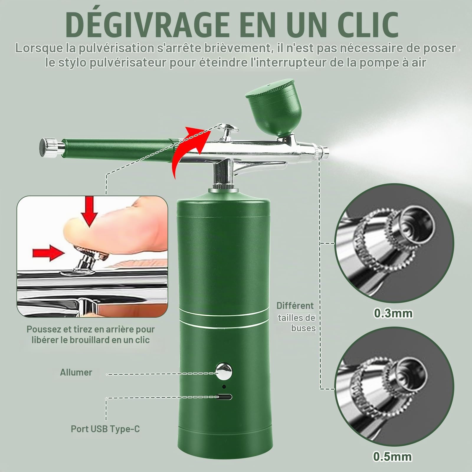 Kit Aerographe Avec Compresseur, Compresseur Aérographe, Kit D'aérographe Pistolet Rechargeable Air Brush Airbrush Portable Brosse À Air Pour Maquillage, Nail Art, Décoration De Gâteau Grün