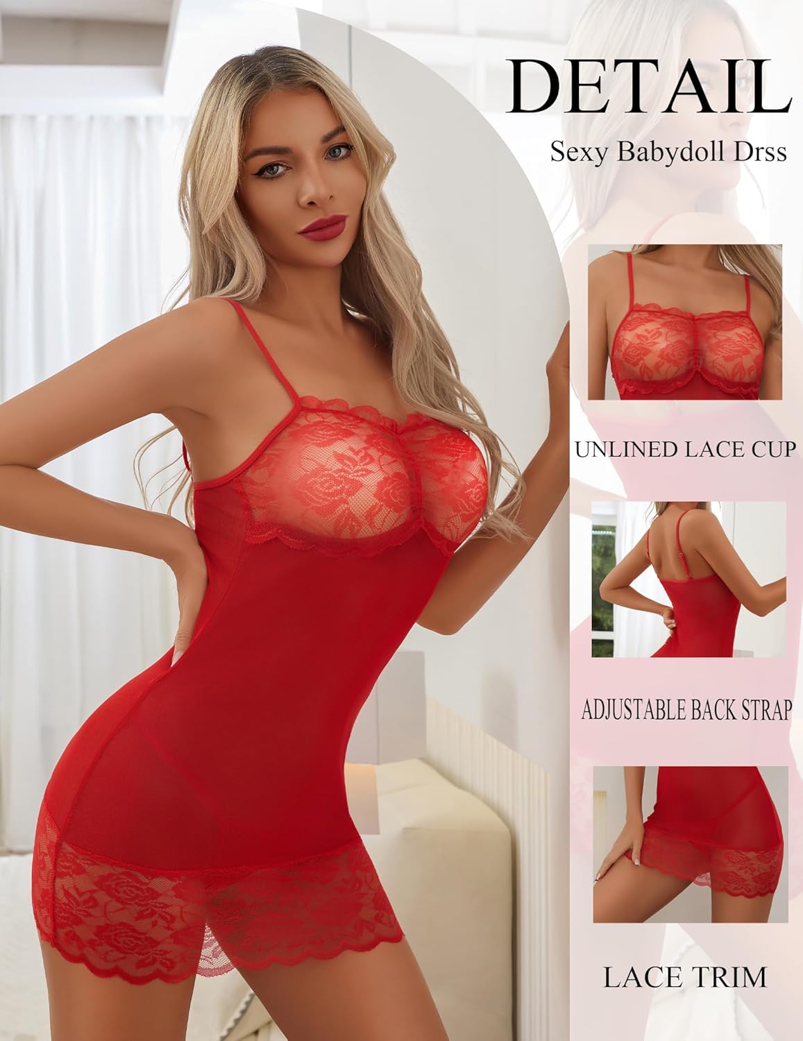 Narcisse Women's Lace Teddy Lingerie 2 Piece Set, See Through Mesh Babydoll with G-String Sexy Sleepwear Gift - Image 2