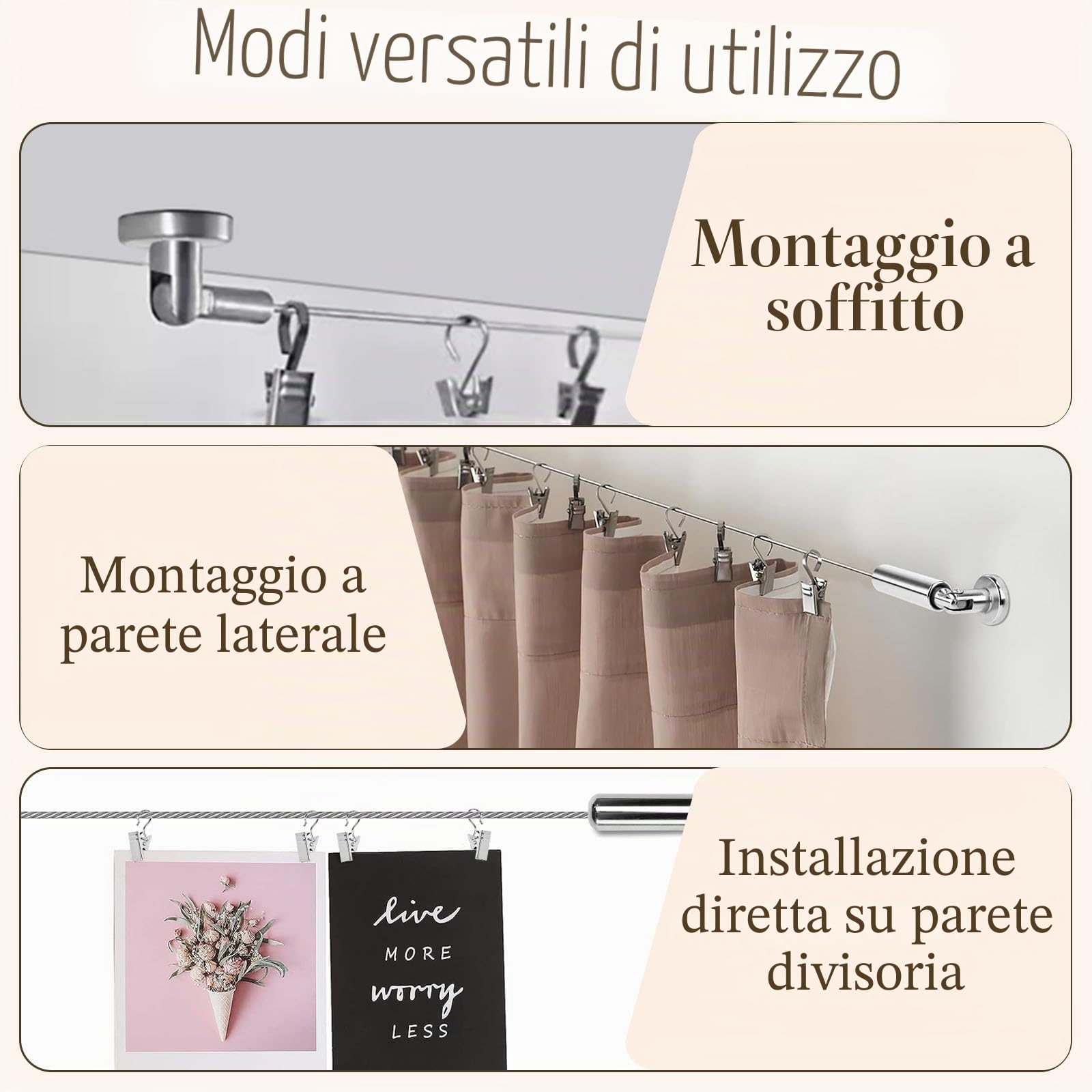 Cavo Metallico per Tende,Filo per Tende in Acciaio Inossidabile da 5m,Cavo di Tensione Della Tenda con 30 Pz Gancio per Appendere Tende Da Doccia, Foto, Artigianato