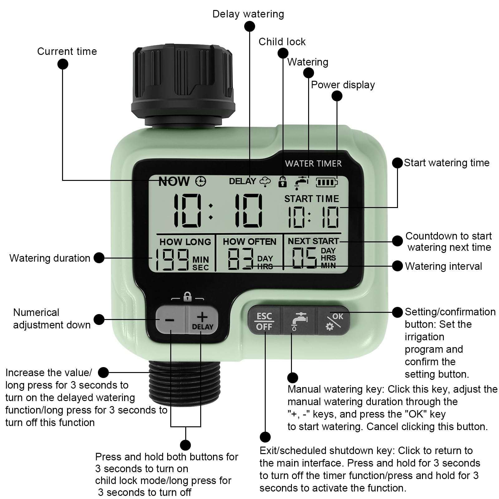 Minuterie D'arrosage Automatique/Manuelle, Connecter la Minuterie du Robinet avec Mode de Verrouillage Enfant/Retard de Pluie/Étanchéité IPX5/Écran LCD