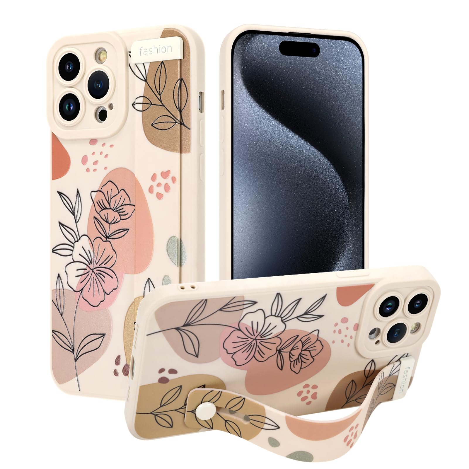 Jefonha Case for iPhone 15 Pro Max Silicone Case with Strap for Women Girls Cute Floral Flowers Pattern Design Adjustable Soft Finger Strap Kickstand