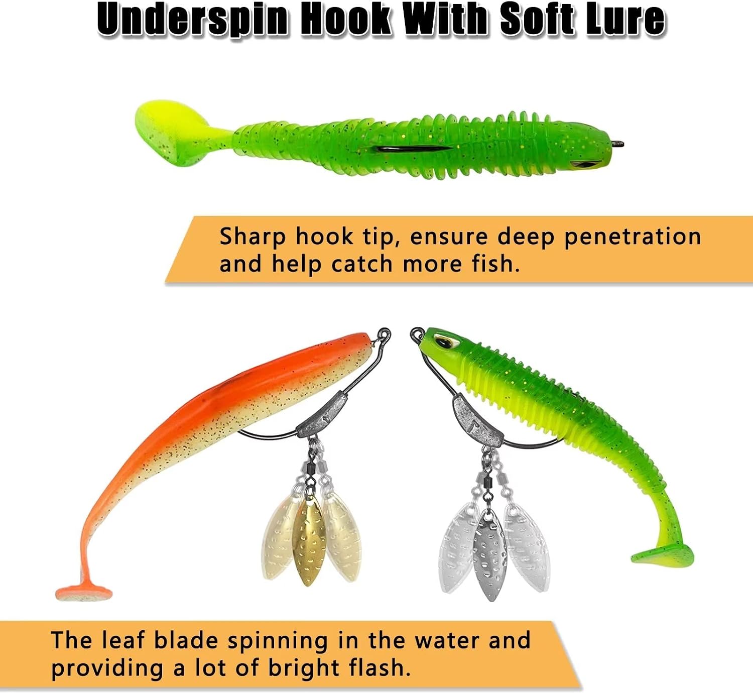 Weighted Swimbait Hooks, 6pcs Underspin Swimbait Hook with Twistlock, Weighted Crank Hooks with Gold/Silver Spinner Blades for Soft Fishing Lures