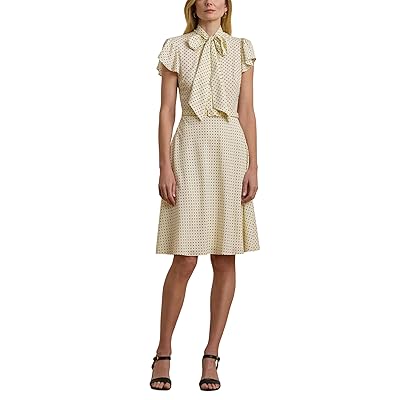 Lauren Ralph Lauren Polka Dot Belted Crepe Tie Neck Dress Women