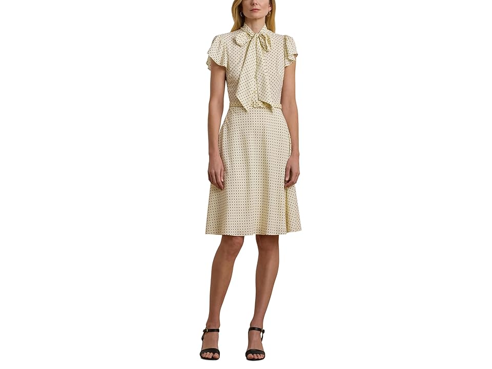 Lauren Ralph Lauren Polka-Dot Belted Crepe Tie-Neck Dress Women’s Dress Cream/Black : 6, Polyester Lauren Ralph Lauren Polka-Dot Belted Crepe Tie-Neck Dress Women’s Dress Cream/Black : 6, Polyester