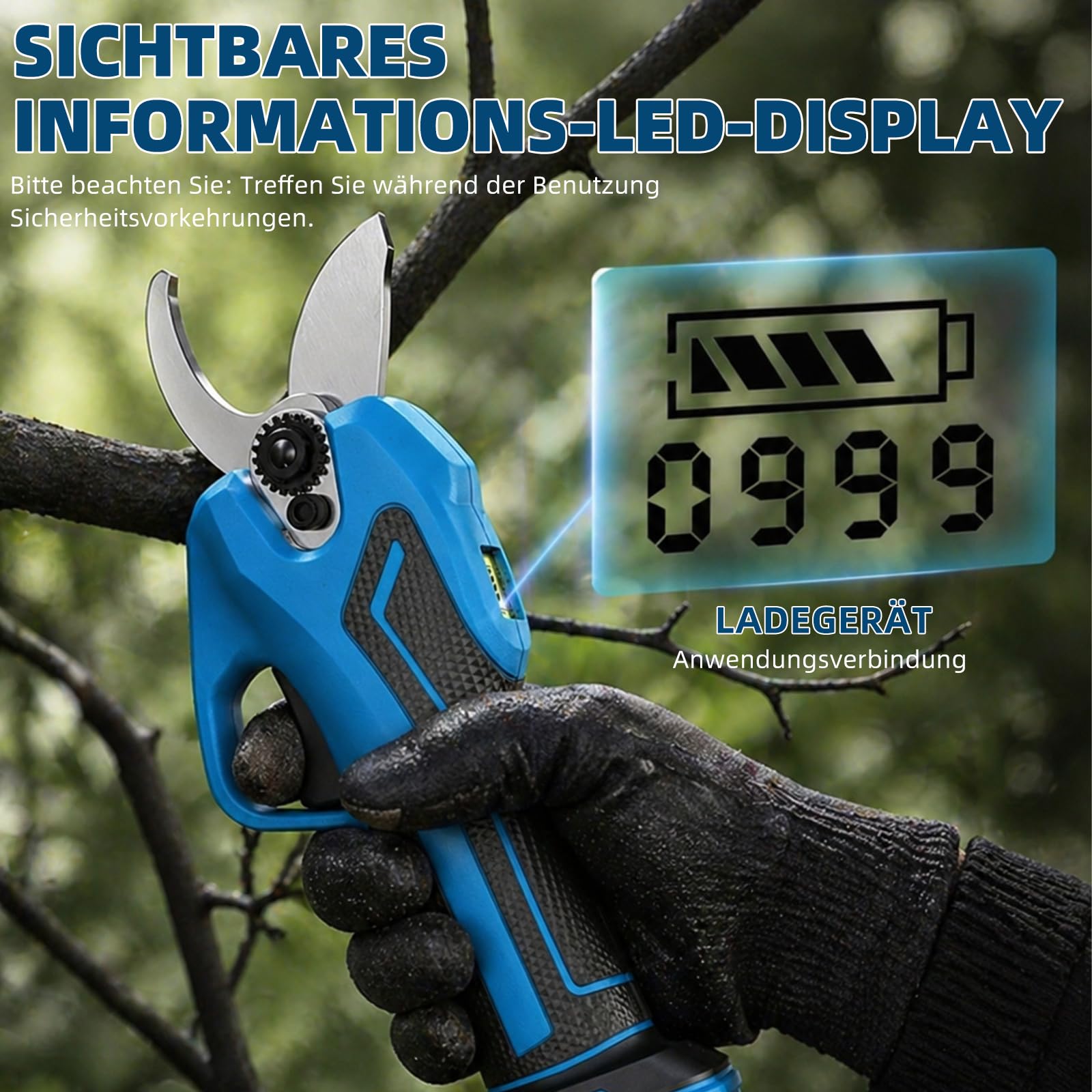 Akku Astschere 40 mm Schnittdurchmesser – SK5 Klinge | bürstenloser Motor, LED-Display, inkl. 2x 2000mAh Lithium-Akku, Handsäge, Handschuhe & Wetzstein,Komplettes Gartenscheren-Set