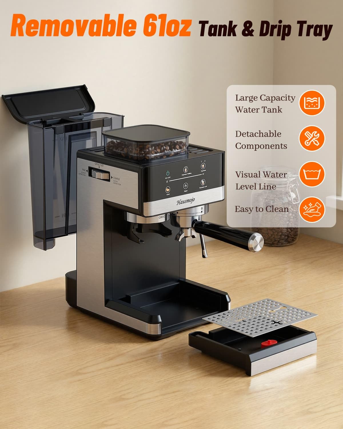 Máquina de café espresso con amoladora, cafetera compacta de 20 barras con espumador de leche, máquina de café profesional para el hogar, control táctil, capuchino y cafetera con leche