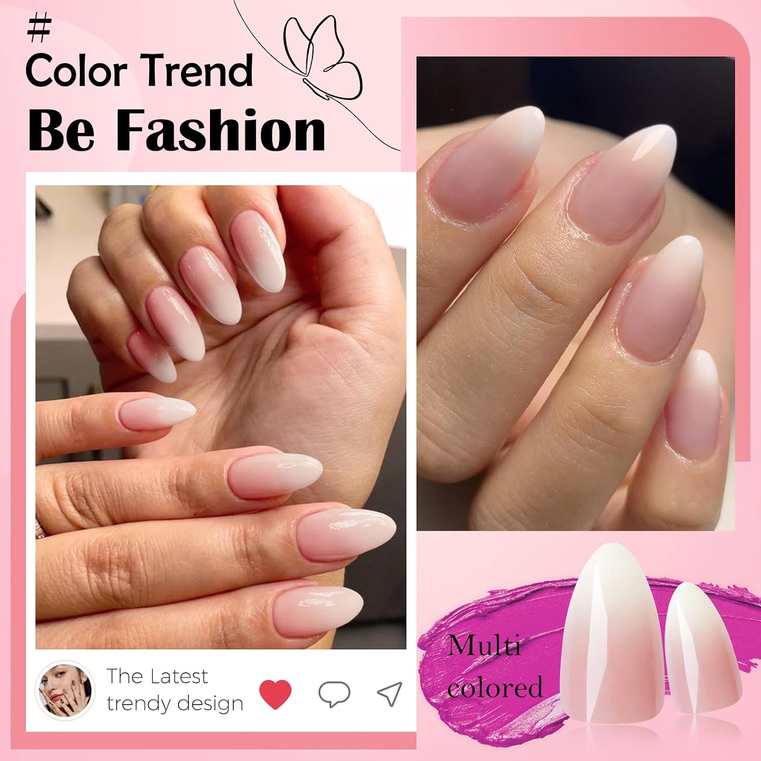 Loveourhome 144pc Ombre Press on Nails Short Almond Fake Nails Glue on Nails Short Press on Nails Gradient Pink White Nails Press False Nails Artificial Fingernail Women Stick Nails with Glue Tabs