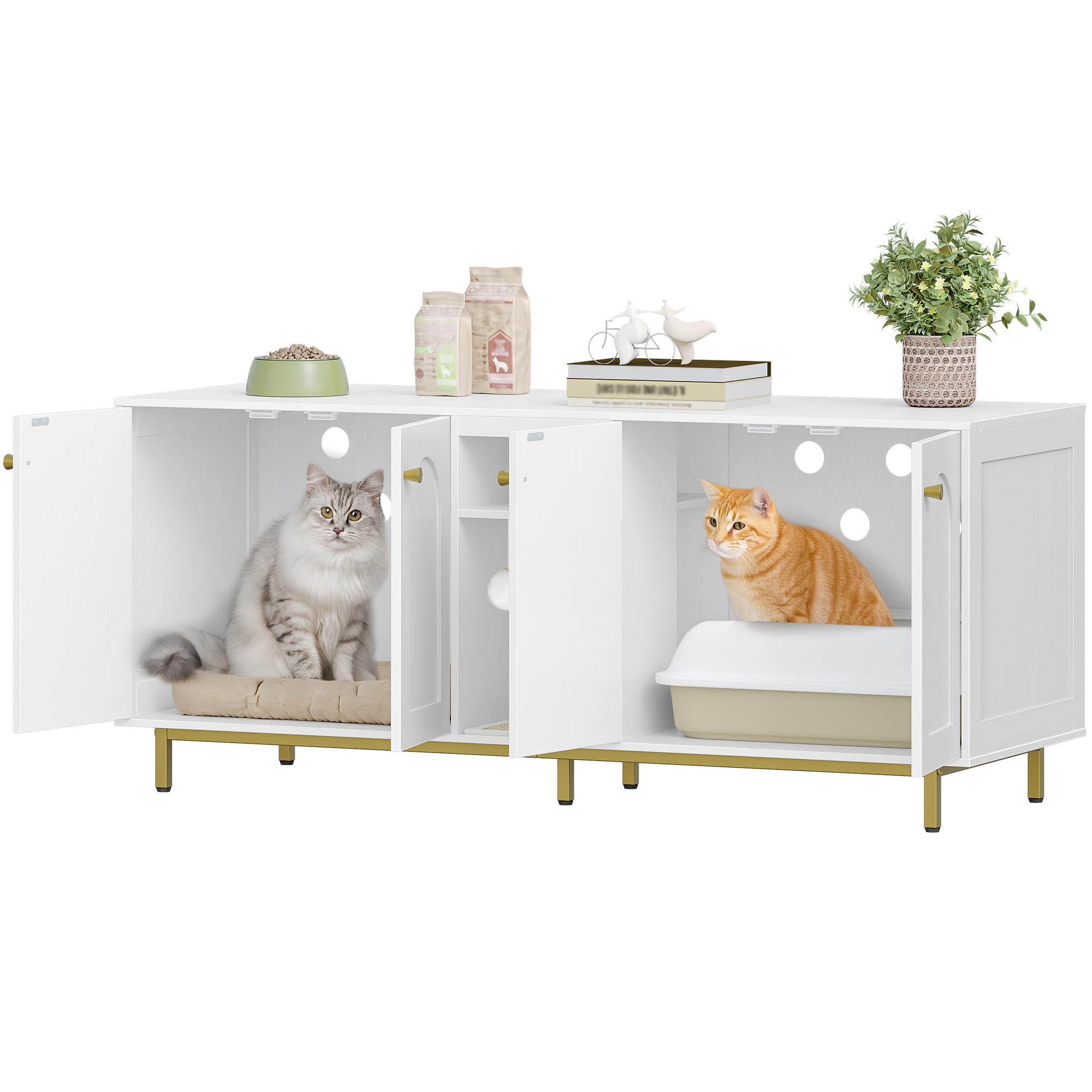 Hzuaneri Mueble Arenero Gato, Oculto para Arenero con Espacio de Almacenamiento, Bola para Gatos, Mueble de TV o Armario de Almacenamiento, 140 x 48 x 62 cm, Blanco-Oro CB86513A