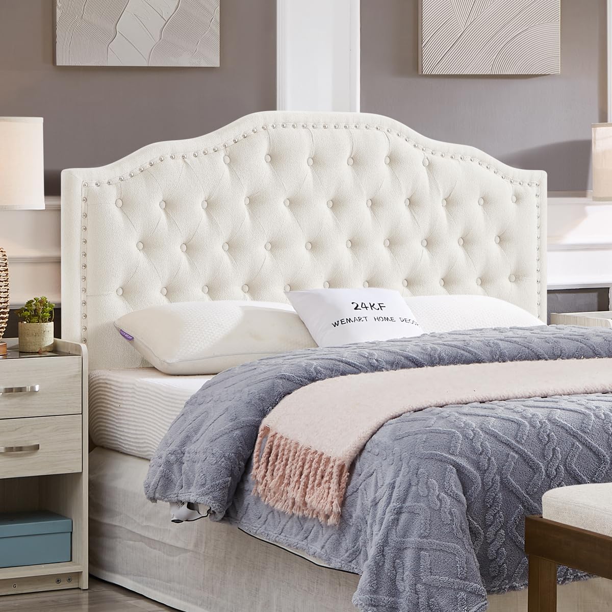 Photo 1 of 24KF Upholstered Button Tufted Queen Headboard with Nailhead Trim, Elegant Boucle Fabric Full headboard, 6031-Q-Boucle-Ivory