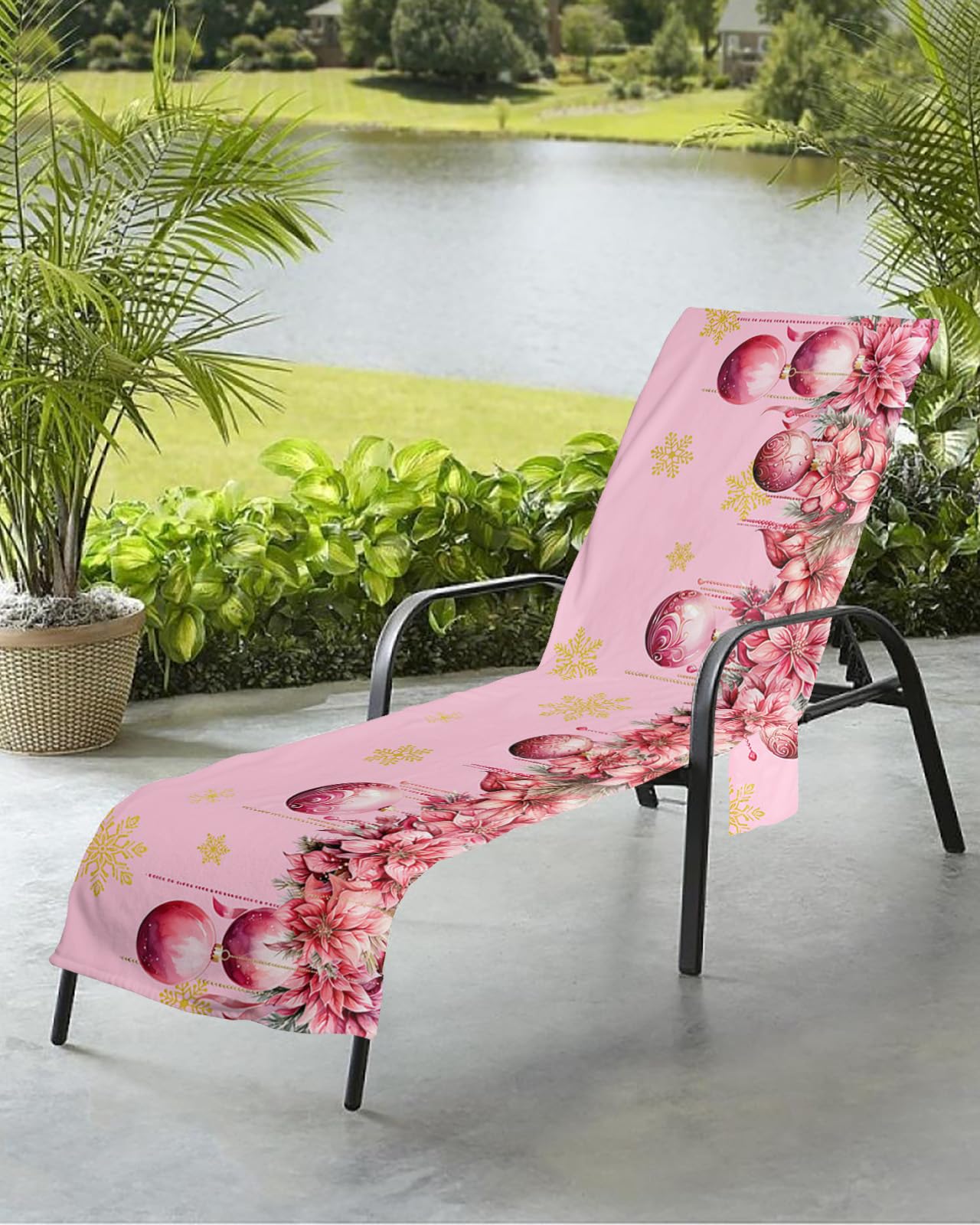 Christmas Snowflake Beach Chair Towel Covers for Chaise Lounge with Side Pocket, Soft Plush Pool Towels Cover for Patio Sunbathing Outdoor 29''x85'' Xmas Winter Flower Red Pink Gold
