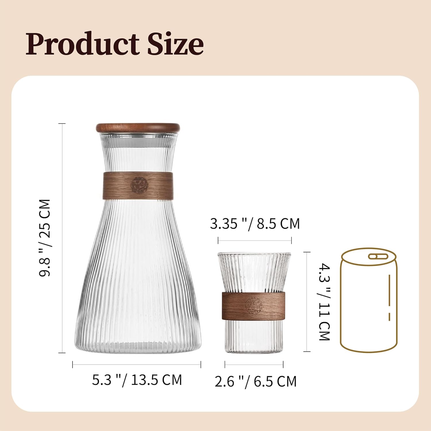 50oz Water Carafe Set – Glass Carafe with 2 Matching Cups, Walnut Wood Lid, Leakproof, Temperature Resistant (Glass carafe with 2 cups)
