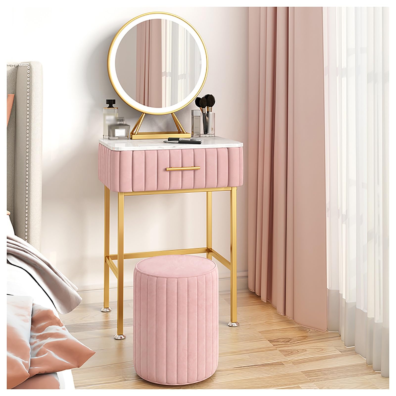 asdchZen Pink Makeup Vanity Desk With Round Mirror And Led Light Dressing Table With Cushioned Stool And Solid Wood Drawer For Small Spaces Compact And Stylish